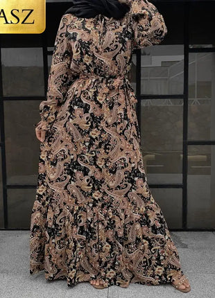 Dress Elegant Print Autum Dress Evening Long Crewneck Dress Can Be Wholesale