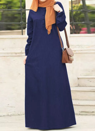 Dress Women Long Sleeve Solid Maxi Sundress Vintage Autumn Denim Blue Dress Casual Buttons Kaftan Vestido Muslim Dress Robe