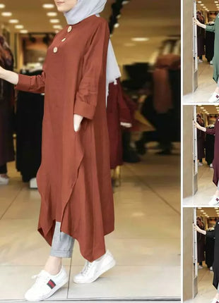 Tunic Vintage Women's Irregular Sundress 2023 Autumn Abaya Midi Dress Long Sleeve Vestidos Muslim Female Solid Button Robe