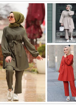 2 Piece Sets Fashion Muslim Sets Women Long Tops Islamic Sets Women Muslim Pants Ramadan Prayer Clothes 2 Piece Set Slim Waist 816