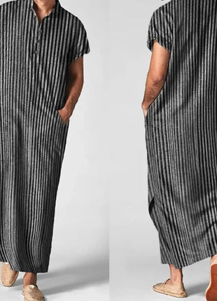 Men Tunics Islamic Arabic Kaftan Striped Short Sleeve Casual Pockets Muslim Robes Cotton Saudi Arabia Dubai Men Jubba Thobe INCERUN 5XL