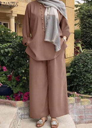 2 Piece Set Loose Islamic Clothing Turkey Abaya Sets ZANZEA Vintage Muslim Matching Sets Women Long Sleeve Blouse Wide Leg Pants Suits