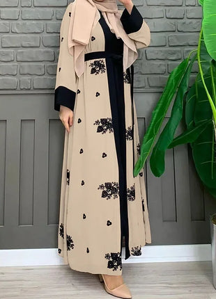 Abaya Women's Two Pieces Set Female Moroccan Kaftan Embroidered Chiffon Coat Muslim Set Dubai Abaya Turkey Women Abayas Islam Clothing