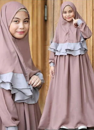 Kids Outfits- Girls 2 Piece Sets Muslim Girls Dress Hijab Abaya Robe Arab Dubai Children Ramadan Kaftan Headscarf Islamic Eid Khimar Abayas Set