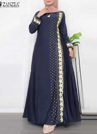 Dress Women Vintage Floral Printed Maxi Dress Autumn Long Sleeve Kaftan Muslim Sundress Robe Femme Ramadan Islamic Clothing