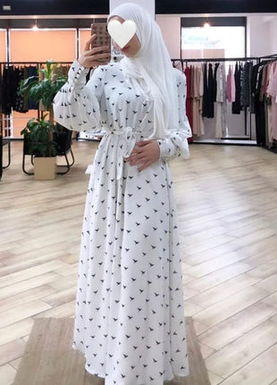 Dress Arabic Hijab Muslim Women Nida Abaya Dubai Bird Print White Summer Maxi Dresses Islamic Clothing Eid Kaftan Robe Musulmans
