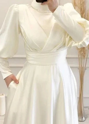 Wedding Gown OYISHA 2023 Simple Satin A-Line Robe De Mariée Elegant High Neck Lantern Sleeves Bridal Gowns Muslim Wedding Gown For Brides