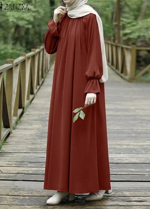 Dress Fashion Women Muslim Maxi Dress Spring Long Sleeve Ruffles Sundress Robe Femme Islamic Clothing Marocain