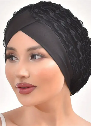 Hijab Cap Forehead Cross Women's Lace Turban Cap Elastic Muslim Headscarf Bonnet Islamic Female Solid Color Head Wraps Beanie Caps