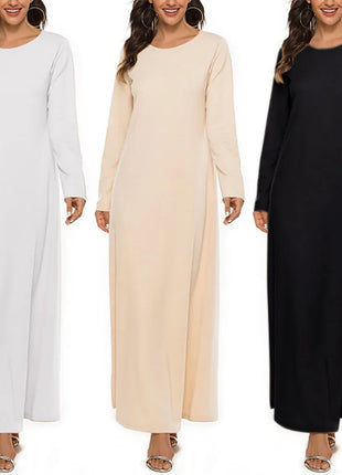 Women's Muslim Basic Liturgy Abaya Long Sleeve Inner Cloth Round Neck Ladies Dress Middle Eastern Dubai Turkey Solid Daily Robe