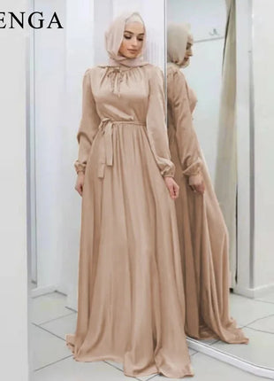 Hijab Satin Dress Ramadan Muslim Fashion Belted Abaya Dubai Turkey Arabic African Maxi Dresses for Women Islam Clothing Robes