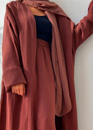 2 Piece Sets Open Abayas Kimono Muslim Women Cardigan Maxi Dress Islamic Clothing Dubai Saudi Robe Casual Kaftan Ramadan Eid