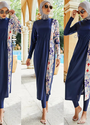 Swimwear Islamic Tunic Robe Print 3pcs Long Burkini Muslim Women Swimsuits For Women Swimming Bathing Surfing Wear Full Cover