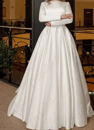 Wedding Gown OYISHA O-Neck Satin Muslim Wedding Gown Simple Long Sleeves A-Line Luxury Bridal Gown For Woman Exquisite Vestido De Mariages