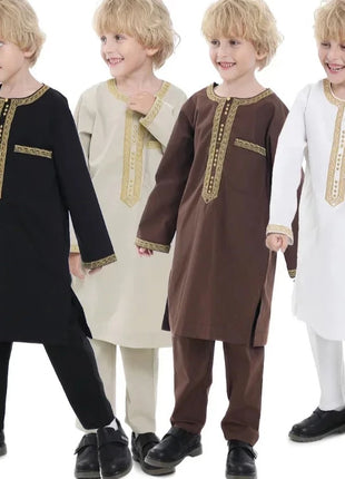 Kids Outfits 2024 Saudi Arabia Children Robe Muslim Clothes Kids Qamis Boy Thobe 2 Piece Set Islamic Clothing Men Party Abaya Kaftan