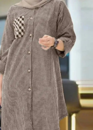 Tunics Women Vintage Plaid Checked Long Shirt Autumn Long Sleeve Dubai Turkey Abaya Tops Islamic Clothing Muslim Blouse Kaftan