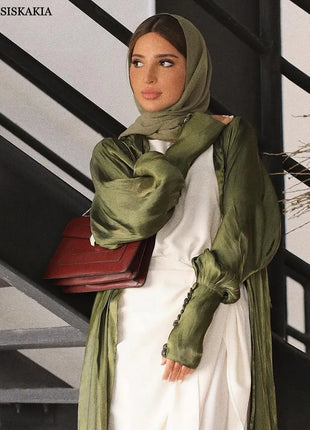 Turkish Gowns For Women Dubai Arabian Dress Army Green Silk Satin Cardigan Robe Mushroom Button Sleeves Muslim Outwear