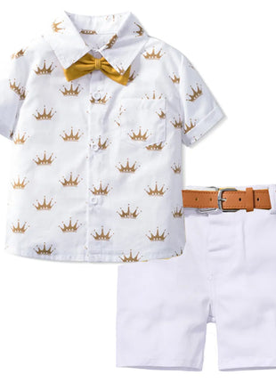 Babies outfits Boys Sets Clothing Summer Crown Print Polo T-Shirt White Shorts Yellow Bowtie Children's Clothing For Boy Kids Clothes Boys