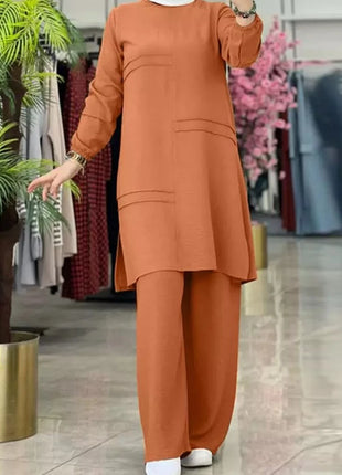 2 Piece Set Autumn Elegant Full Sleeve Blouse Wide Leg Pants Dubai Abaya Turkey Kaftan Women Matching Set