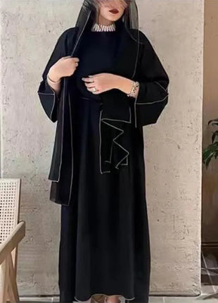 Dress Ramadan Muslim Open Abaya for Women Dubai Long Dress Four Pieces Muslim Sets Turkey Islamic Stitching Abayas with Belt Hijab
