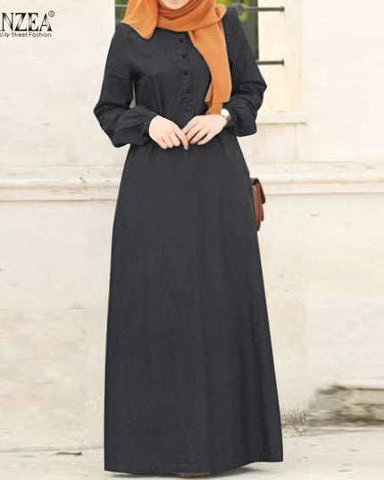 Dress Women Long Sleeve Solid Maxi Sundress Vintage Autumn Denim Blue Dress Casual Buttons Kaftan Vestido Muslim Dress Robe