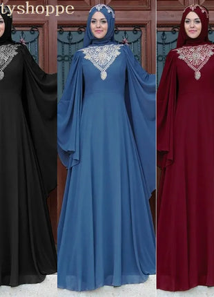 Dress - Elegant Muslim Lace Embroidery Abaya Dress Maxi Evening Vestidos Flare Sleeve Long Robe Gowns Jubah Middle East Eid Ramadan