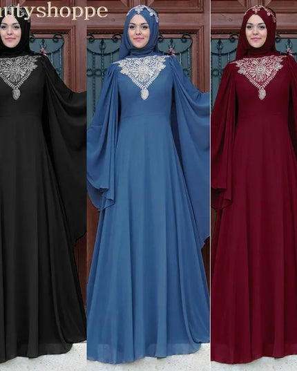 Dress - Elegant Muslim Lace Embroidery Abaya Dress Maxi Evening Vestidos Flare Sleeve Long Robe Gowns Jubah Middle East Eid Ramadan