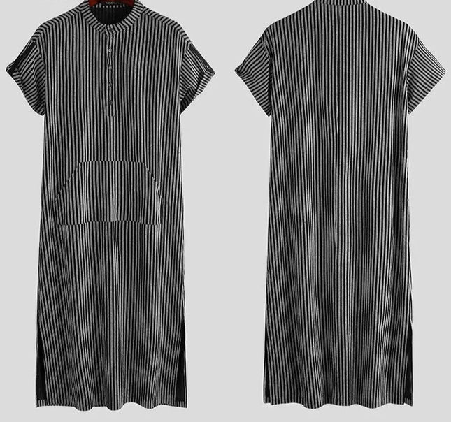 Men Tunics  Islamic Arabic Kaftan Striped Short Sleeve Casual Pockets Muslim Robes Cotton Saudi Arabia Dubai Men Jubba Thobe INCERUN 5XL