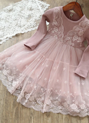 Kids outfits Girls Long Sleeve Dress Lace Floral  Birthday Party Veatidos Teenager School Daily Wear Sashes Kids Casual Clothes