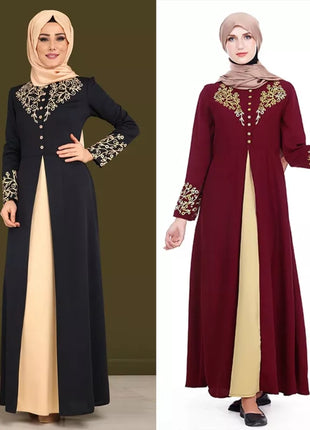 Dress Women's Muslim Abaya Dress Long Sleeve Patchwork Printed Robe O Neck Dubai Turkish Clothing High Waist for Party