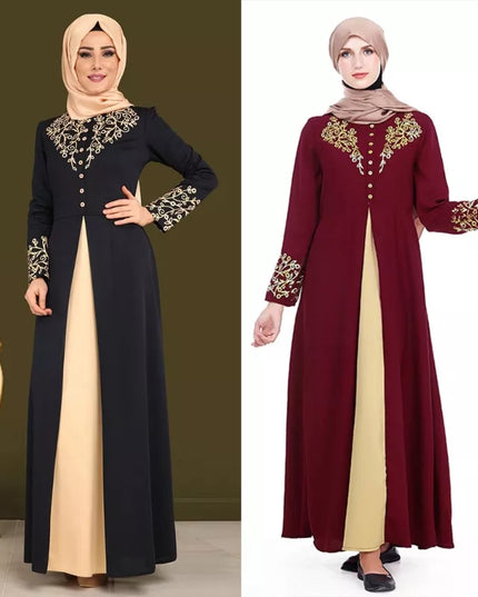 Dress Women's Muslim Abaya Dress Long Sleeve Patchwork Printed Robe O Neck Dubai Turkish Clothing High Waist for Party