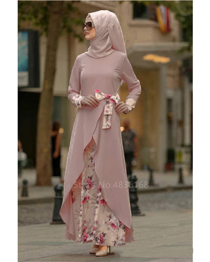 Dress  Female Abaya Islamic Turkish Irregular Dress Long Sleeve Woman Floral Fashion Bow Robe Middle East Muslim Party Maxi