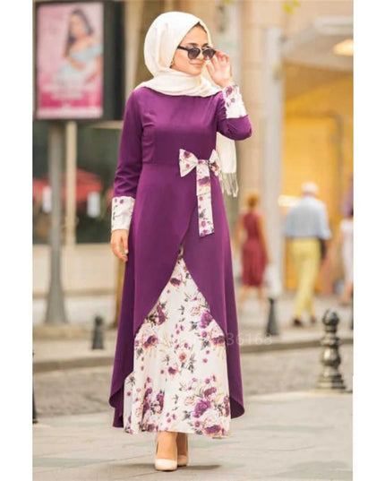 Dress  Female Abaya Islamic Turkish Irregular Dress Long Sleeve Woman Floral Fashion Bow Robe Middle East Muslim Party Maxi