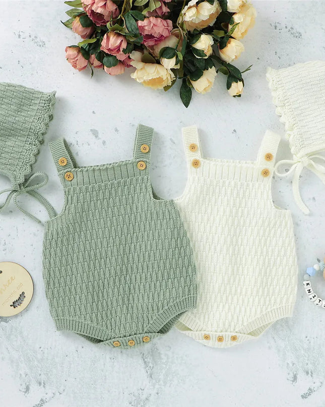 Babies Outfits Spring Autumn Clothes Set Knitted Romper Triangle Crotch Button One-Piece Jumpsuit+Hats Toddler Baby Boys Girls 2Pcs