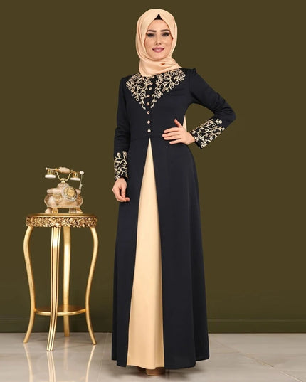 Dress Women's Muslim Abaya Dress Long Sleeve Patchwork Printed Robe O Neck Dubai Turkish Clothing High Waist for Party