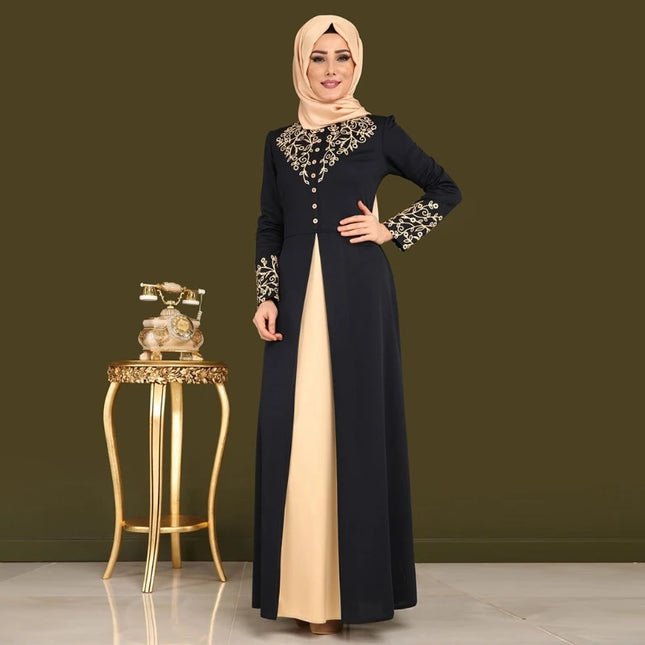 Dress Women's Muslim Abaya Dress Long Sleeve Patchwork Printed Robe O Neck Dubai Turkish Clothing High Waist for Party