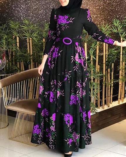 Dress Women Long Sleeve Muslim Abaya Dress Ethnic Floral Print Belt Maxi Kaftan Robe Satin Corset Long Sleeve Dresses