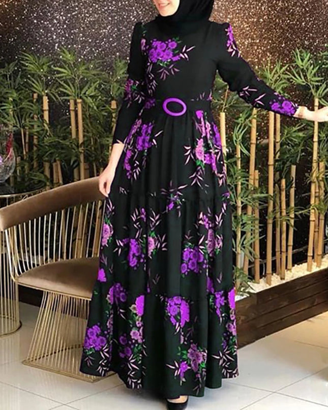 Dress Women Long Sleeve Muslim Abaya Dress Ethnic Floral Print Belt Maxi Kaftan Robe Satin Corset Long Sleeve Dresses