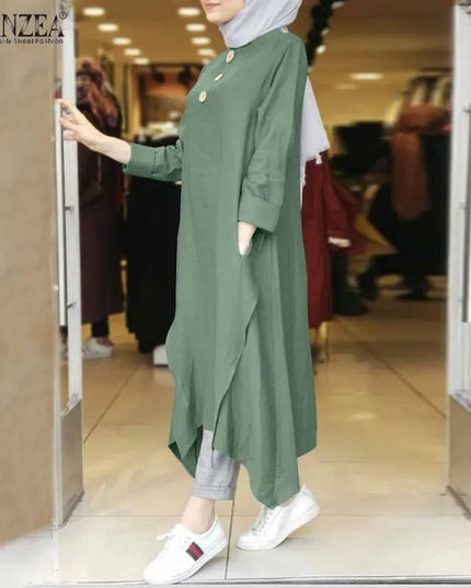 Tunic Vintage Women's Irregular Sundress 2023 Autumn Abaya Midi Dress Long Sleeve Vestidos Muslim Female Solid Button Robe