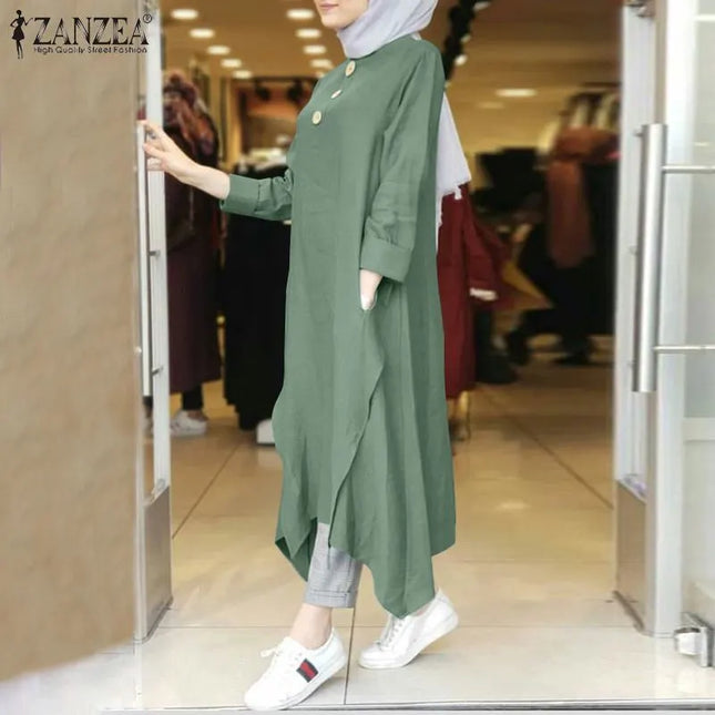 Tunic Vintage Women's Irregular Sundress 2023 Autumn Abaya Midi Dress Long Sleeve Vestidos Muslim Female Solid Button Robe