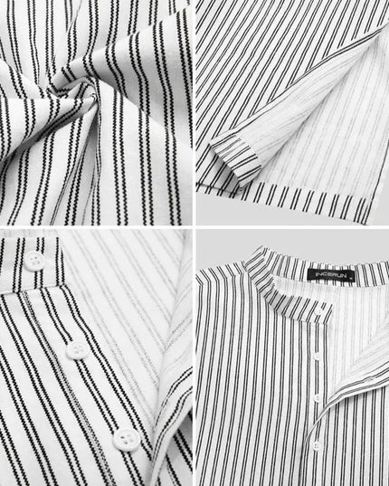 Men Tunics  Islamic Arabic Kaftan Striped Short Sleeve Casual Pockets Muslim Robes Cotton Saudi Arabia Dubai Men Jubba Thobe INCERUN 5XL