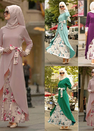 Dress  Female Abaya Islamic Turkish Irregular Dress Long Sleeve Woman Floral Fashion Bow Robe Middle East Muslim Party Maxi