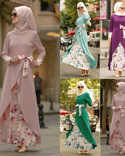 Dress  Female Abaya Islamic Turkish Irregular Dress Long Sleeve Woman Floral Fashion Bow Robe Middle East Muslim Party Maxi