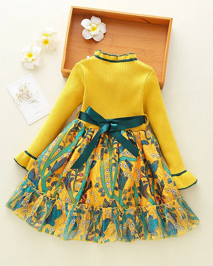 Babies outfits  Girls Cute Sweater Dress  Spring Autumn Girl Party Princess For Kids Sweet Flowers Long Sleeve Dress For 2-10Year