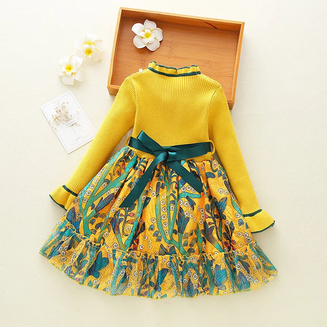 Babies outfits  Girls Cute Sweater Dress  Spring Autumn Girl Party Princess For Kids Sweet Flowers Long Sleeve Dress For 2-10Year