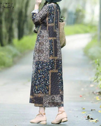 ZANZEA Women Autumn Vintage Floral Printed Long Dress Cotton Linen Sundress Robe Femme Long Sleeve Loose Maxi Vestido