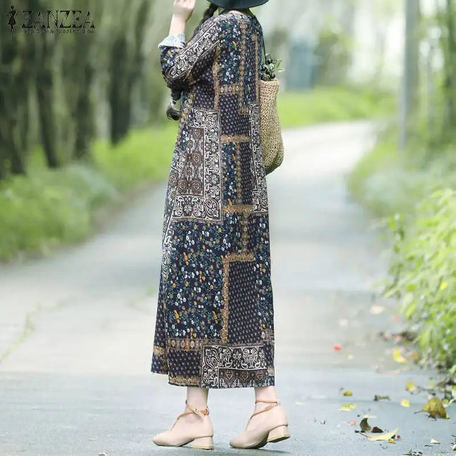 ZANZEA Women Autumn Vintage Floral Printed Long Dress Cotton Linen Sundress Robe Femme Long Sleeve Loose Maxi Vestido