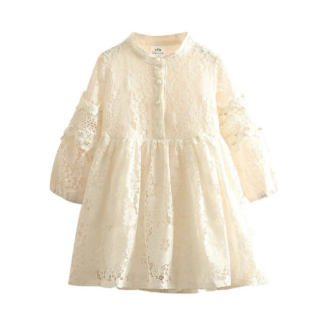 Babies outfit  Spring Autumn 3 4 6 8 10 to 12 Years Child England Style Princess Pearl Lace Knee Length Kids Baby Girl Long Sleeve Dress