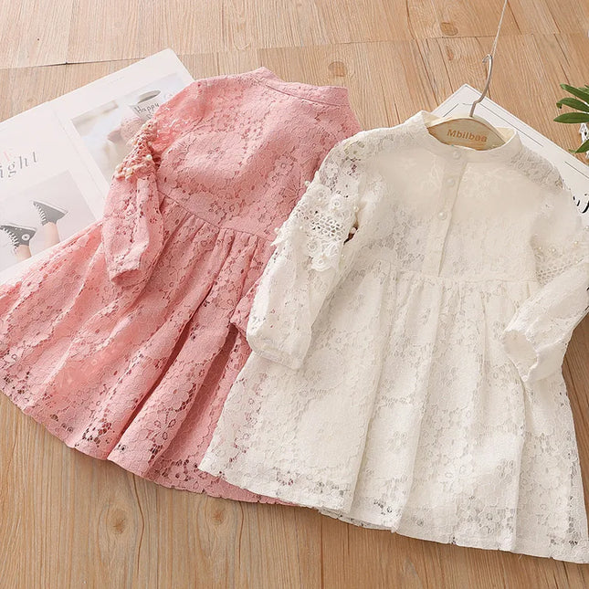 Babies outfit  Spring Autumn 3 4 6 8 10 to 12 Years Child England Style Princess Pearl Lace Knee Length Kids Baby Girl Long Sleeve Dress