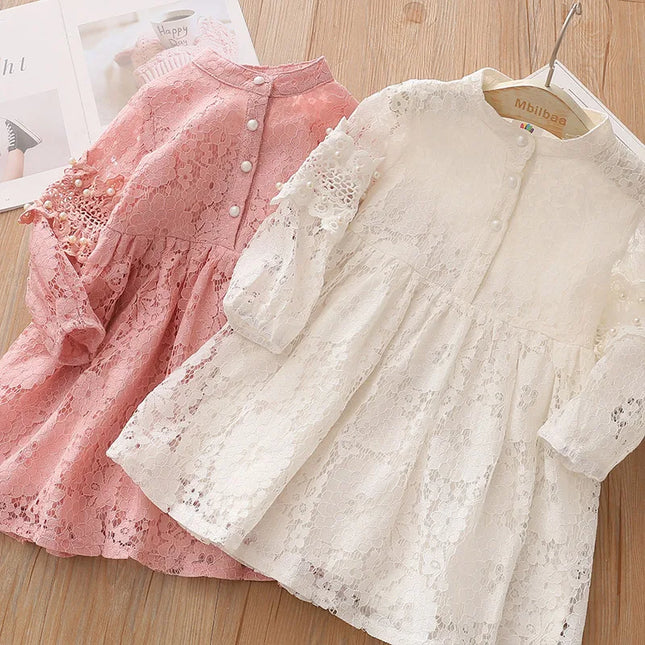 Babies outfit  Spring Autumn 3 4 6 8 10 to 12 Years Child England Style Princess Pearl Lace Knee Length Kids Baby Girl Long Sleeve Dress